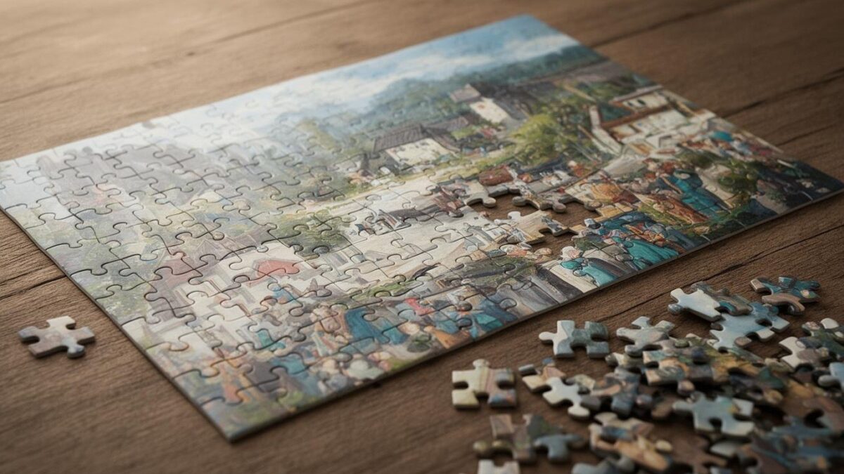 A partly finished jigsaw puzzle on a wooden table with loose pieces nearby
